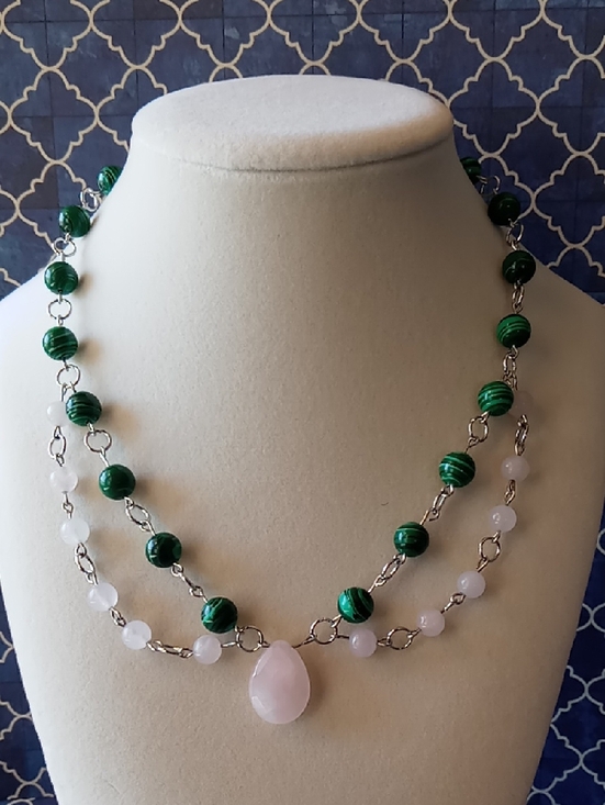 Hand Crafted Jewelry - Malachite & Rose Necklace